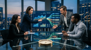 Business team analyzing data and making strategic decisions under uncertainty using analytics dashboard