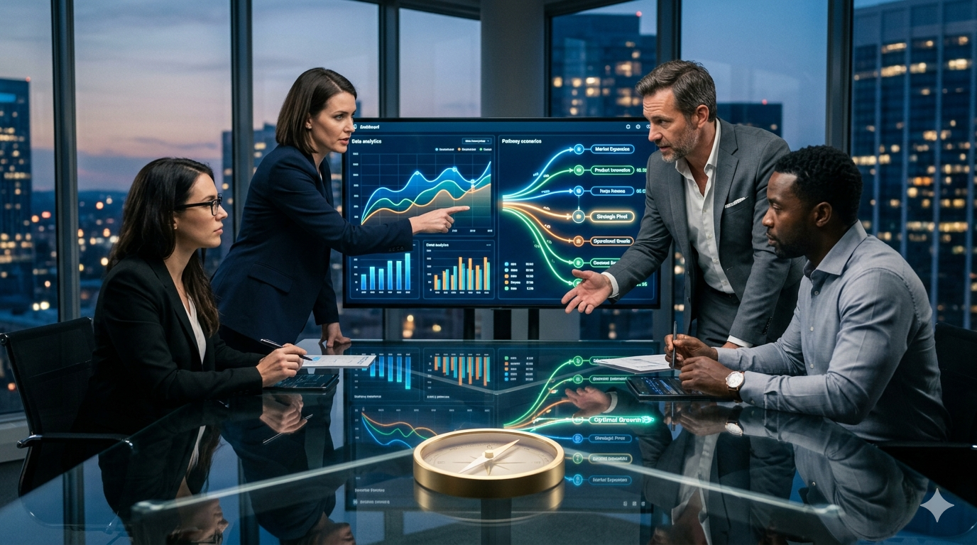 Business team analyzing data and making strategic decisions under uncertainty using analytics dashboard