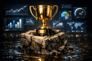 Illustration of the One Metric Fallacy showing a single trophy sinking while balanced data points float.