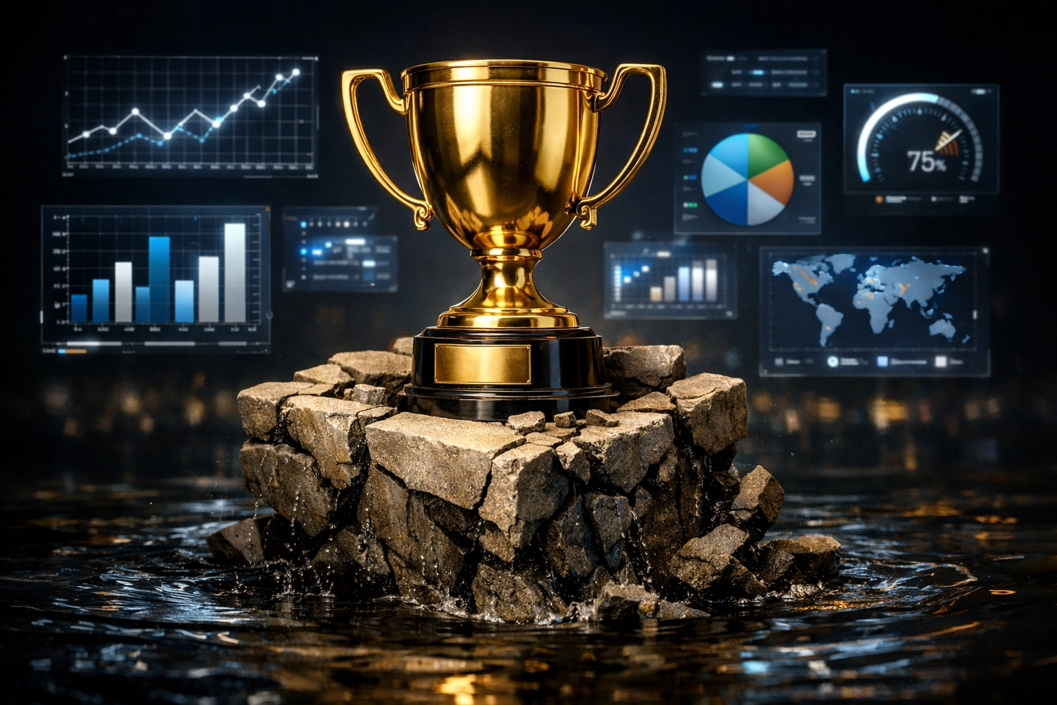 Illustration of the One Metric Fallacy showing a single trophy sinking while balanced data points float.