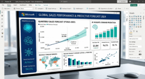 Power BI Predictive Analytics Dashboard showing AI-powered forecasting and data-driven business insights