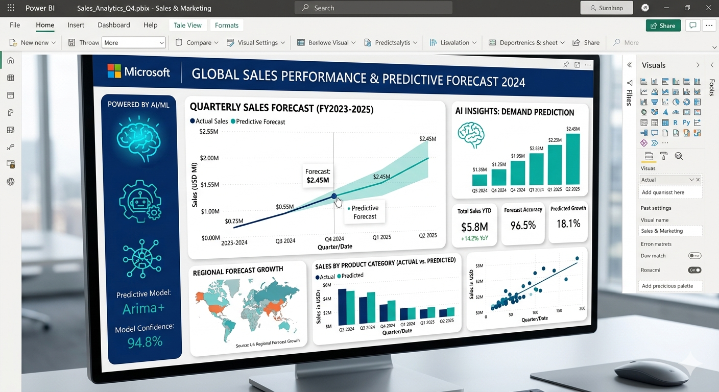 Power BI Predictive Analytics Dashboard showing AI-powered forecasting and data-driven business insights