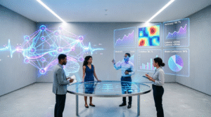 Diverse business team analyzing holographic AI data visualizations and neural network patterns to make high-impact decisions with A.I. in a futuristic office setting.