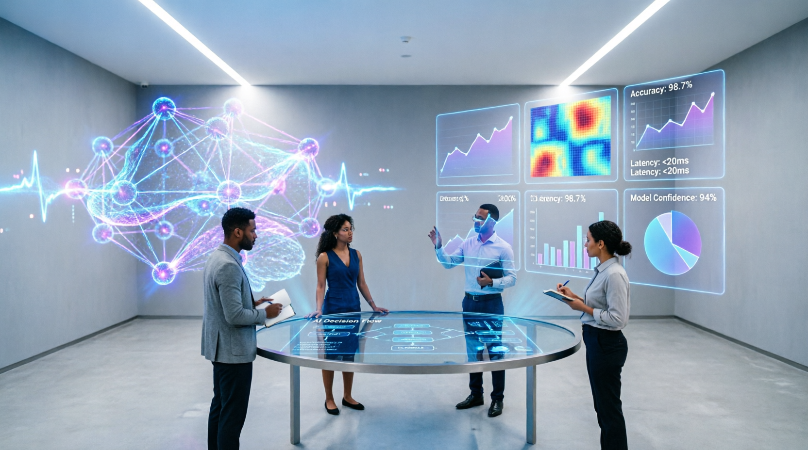 Diverse business team analyzing holographic AI data visualizations and neural network patterns to make high-impact decisions with A.I. in a futuristic office setting.