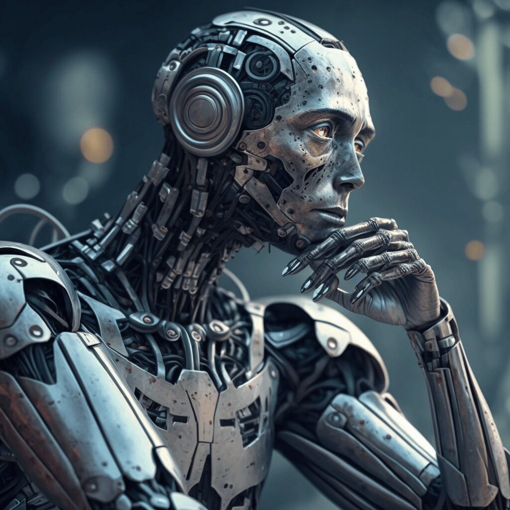 A robot devil's advocate questioning a leader's assumptions — use AI to challenge your thinking.