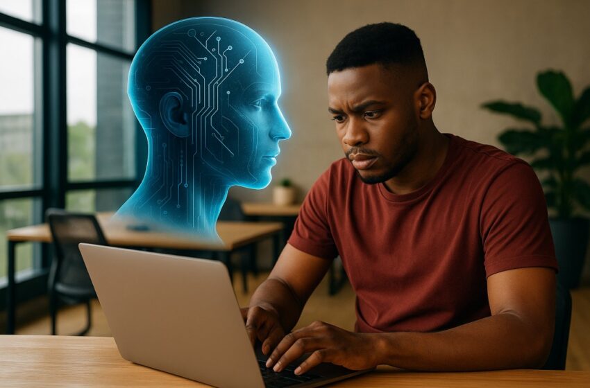 Business owner using ChatGPT for decision making on a laptop with an AI assistant hologram