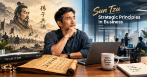 Middle manager applying Sun Tzu strategic thinking in modern workplace