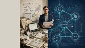 SME manager designing an AI strategy blueprint connecting data, tools, people, governance and ROI