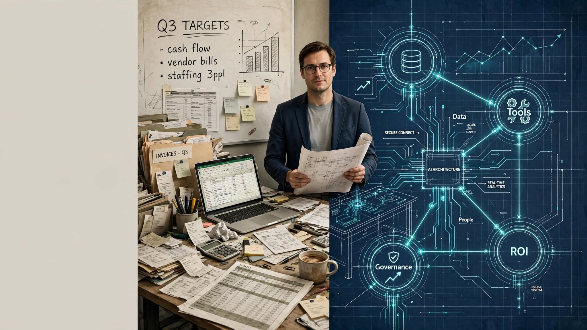 SME manager designing an AI strategy blueprint connecting data, tools, people, governance and ROI
