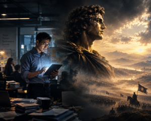 Middle manager looking at a tablet with a shadow silhouette of Alexander the Great in the background, representing a middle manager leadership playbook.