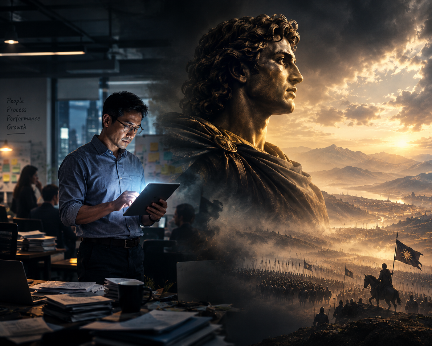 Middle manager looking at a tablet with a shadow silhouette of Alexander the Great in the background, representing a middle manager leadership playbook.