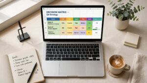 Laptop showing a spreadsheet decision making matrix on a modern desk to help make better decisions
